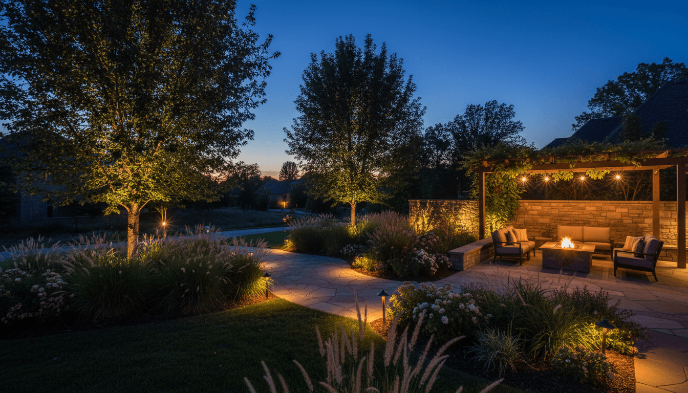 Residential landscape illuminated with accent lighting at dusk, highlighting plants, hardscape, and pathways